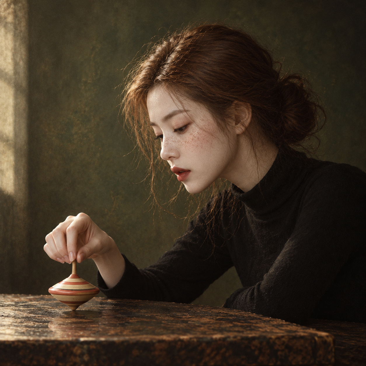 橄榄绿背景下凝视木陀螺的成年女性