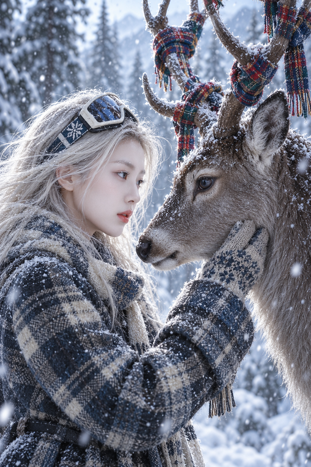 雪林中与冬鹿相望的成年女子