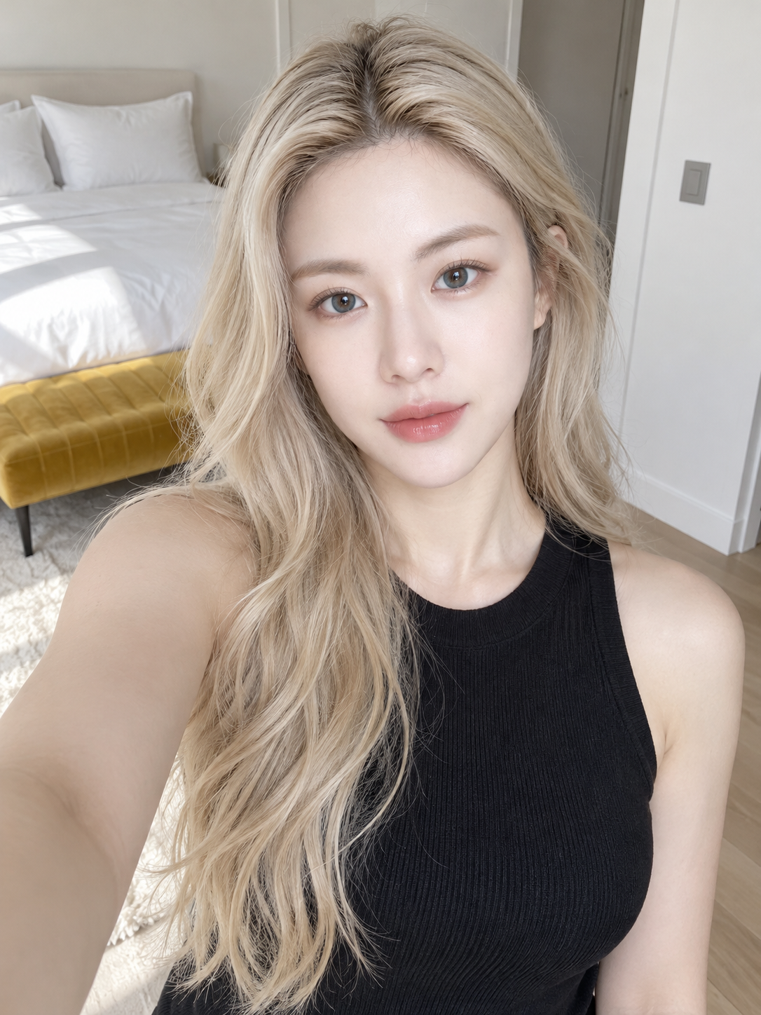 Platinum Wavy Hair Selfie in a Softly Lit Bedroom — AI image creation