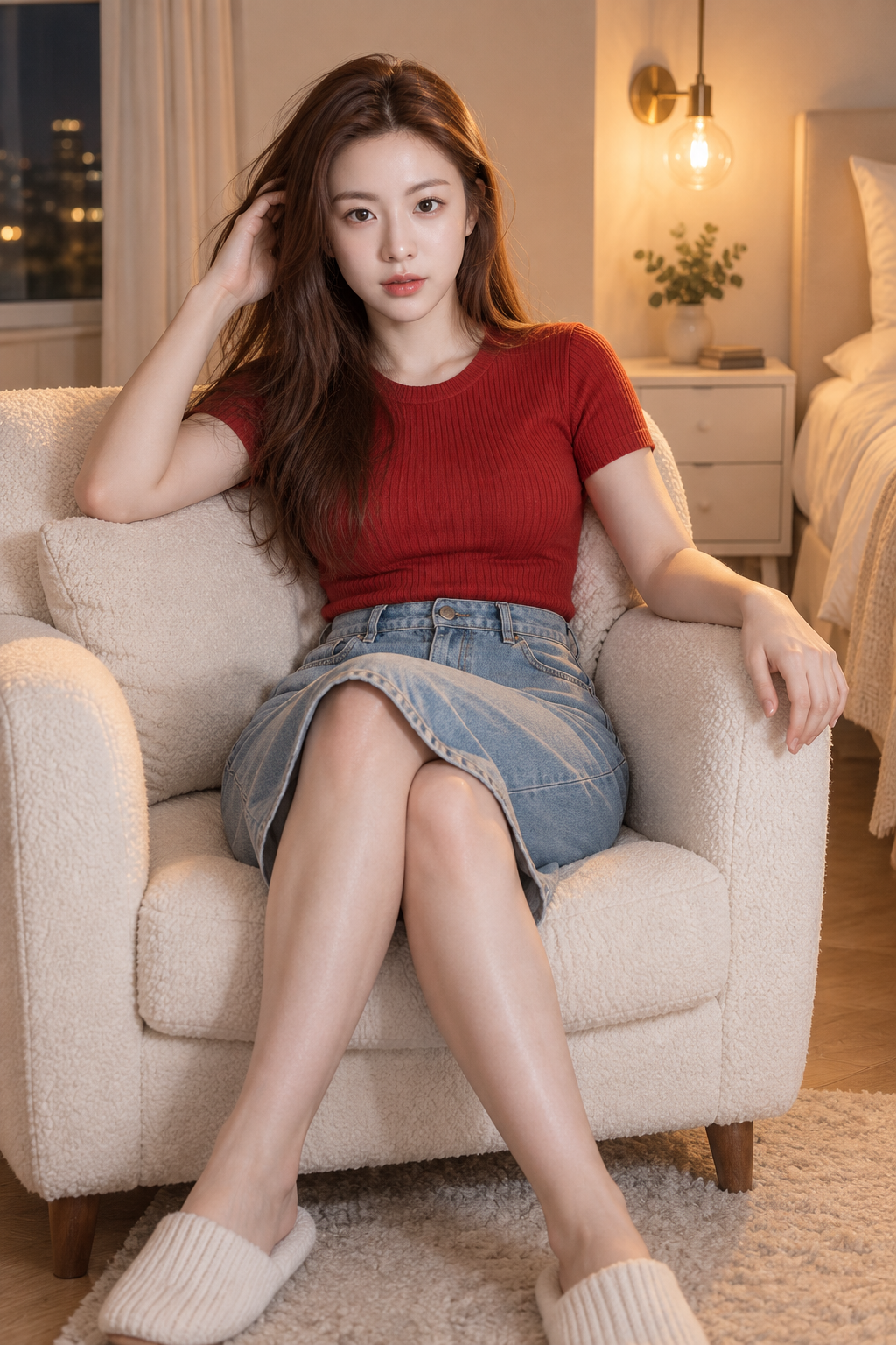 寝室の白いアームチェアに座る成人女性のライフスタイルポートレート — AI image creation