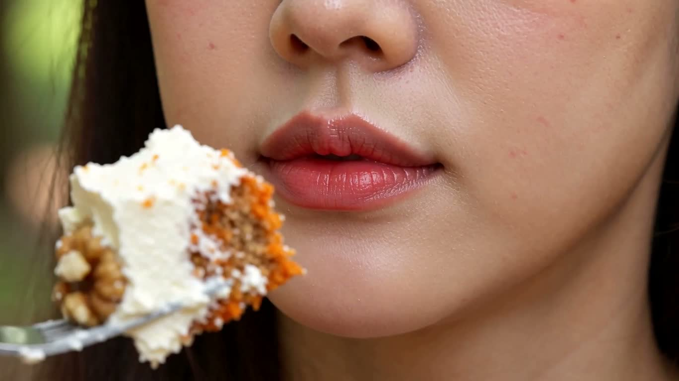 Gros plan ASMR d'un gâteau aux carottes en forêt