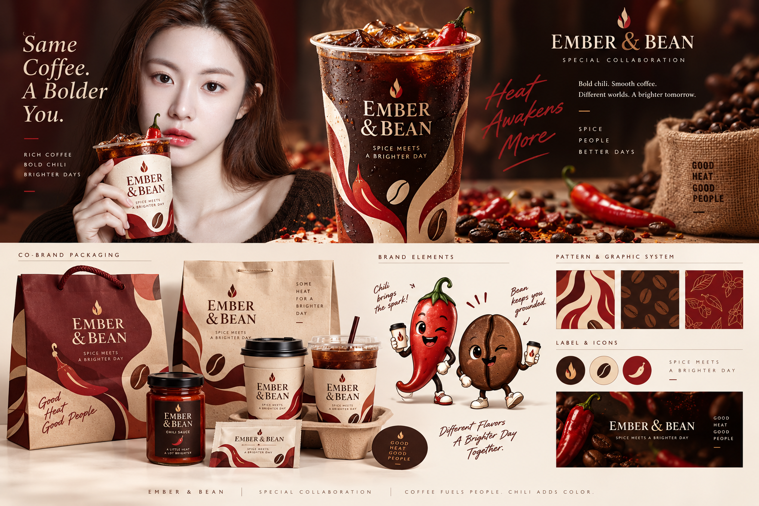 매운 소스와 카페의 프리미엄 컬래버레이션 홍보 이미지 — AI image creation