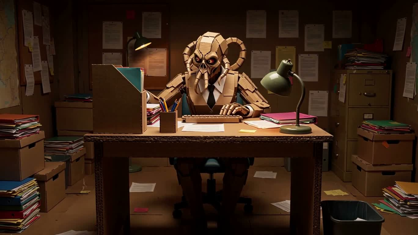 Secrétaire Cthulhu en carton coloré — AI video creation