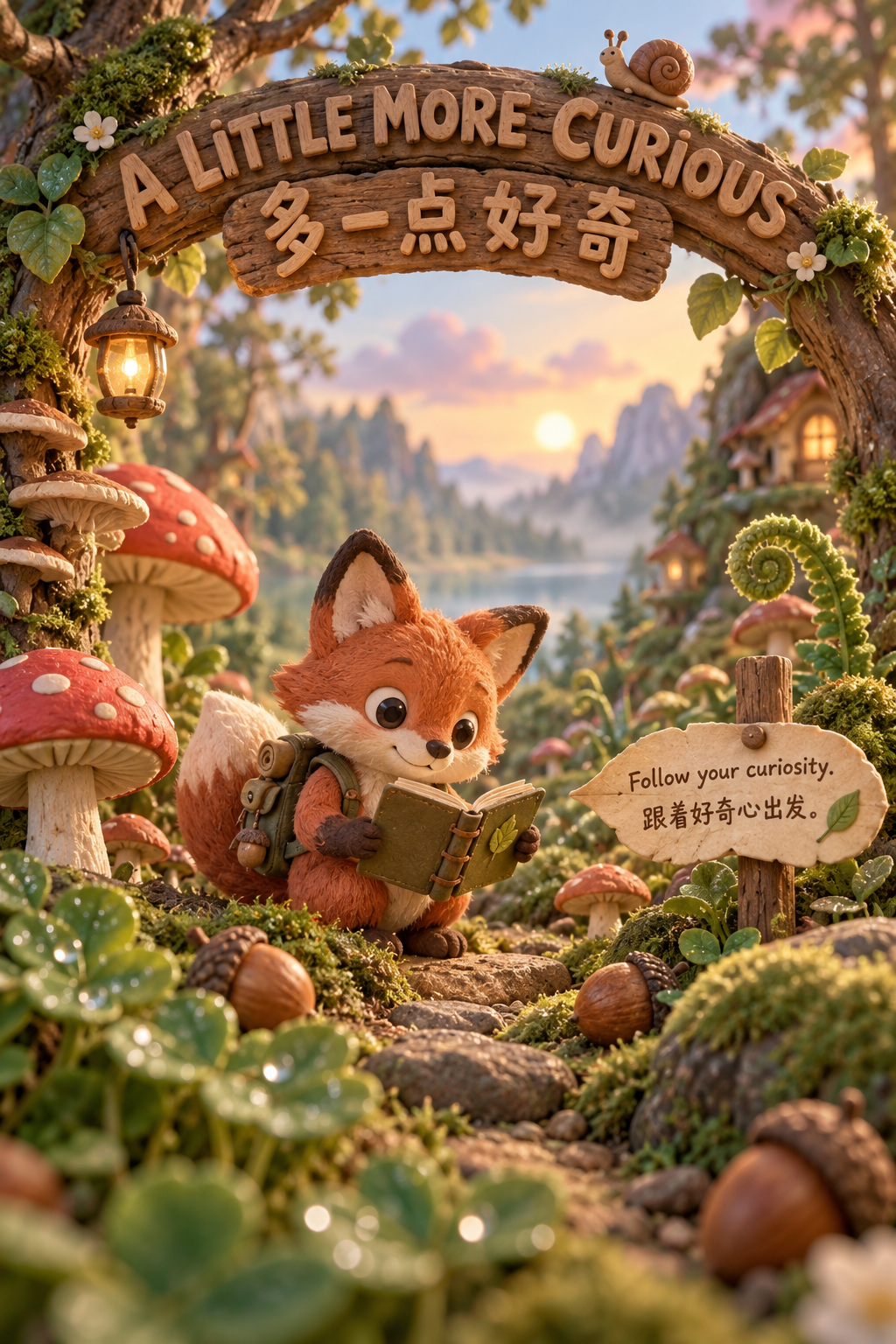 好奇心旺盛な子ギツネの粘土ミニチュアポスター
