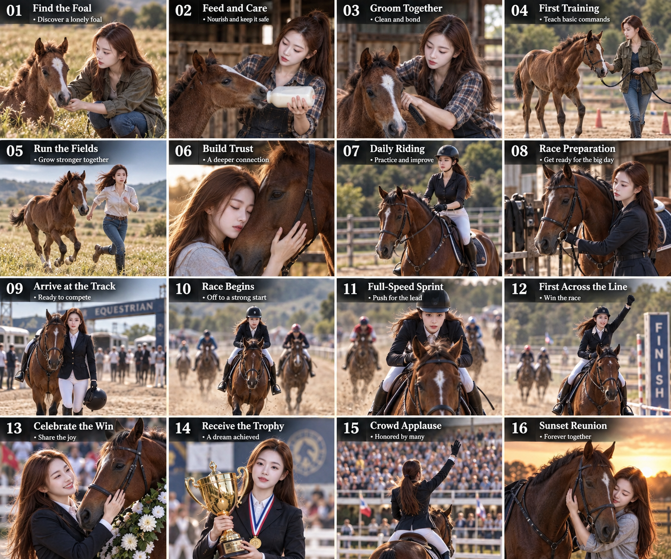 成人女性と競走馬の16コマ成長ストーリーボード