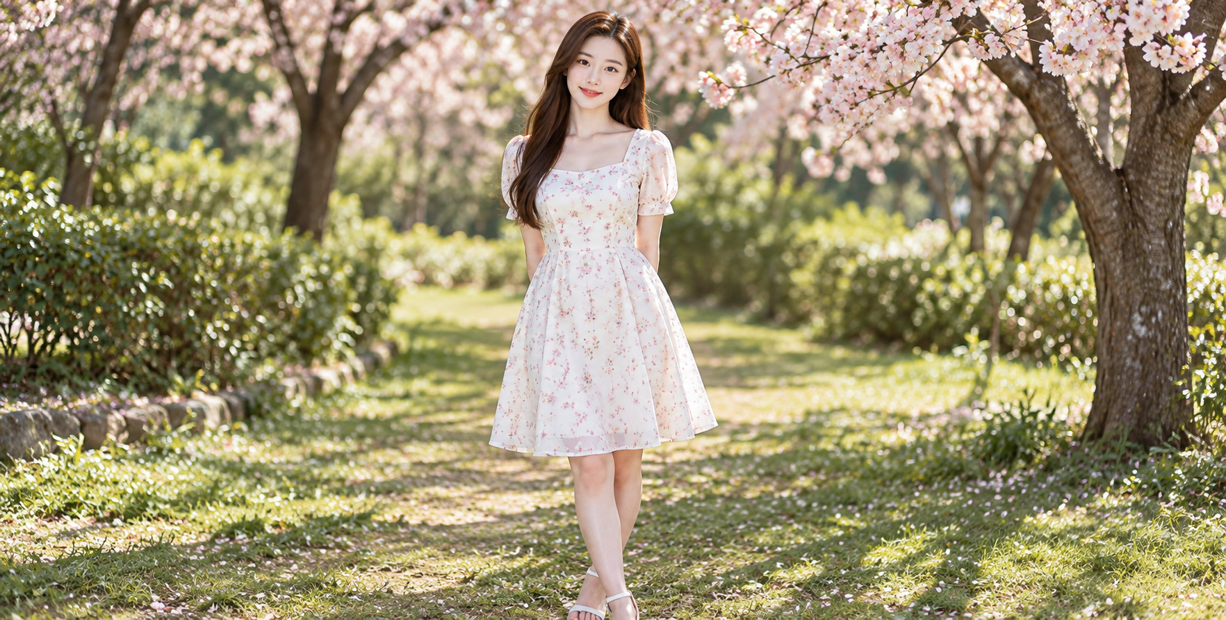 樱花公园里的白色碎花裙春日人像