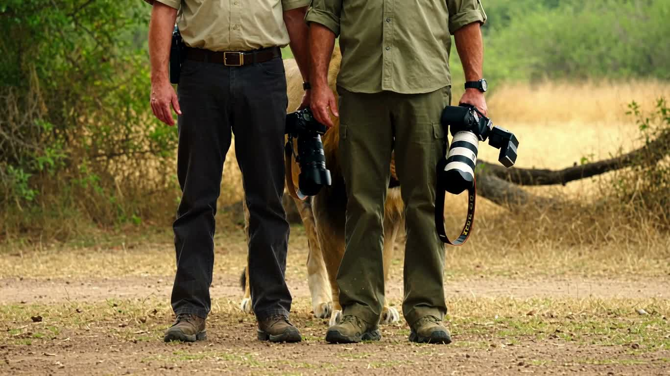 Un lion mâle s'approche de la caméra