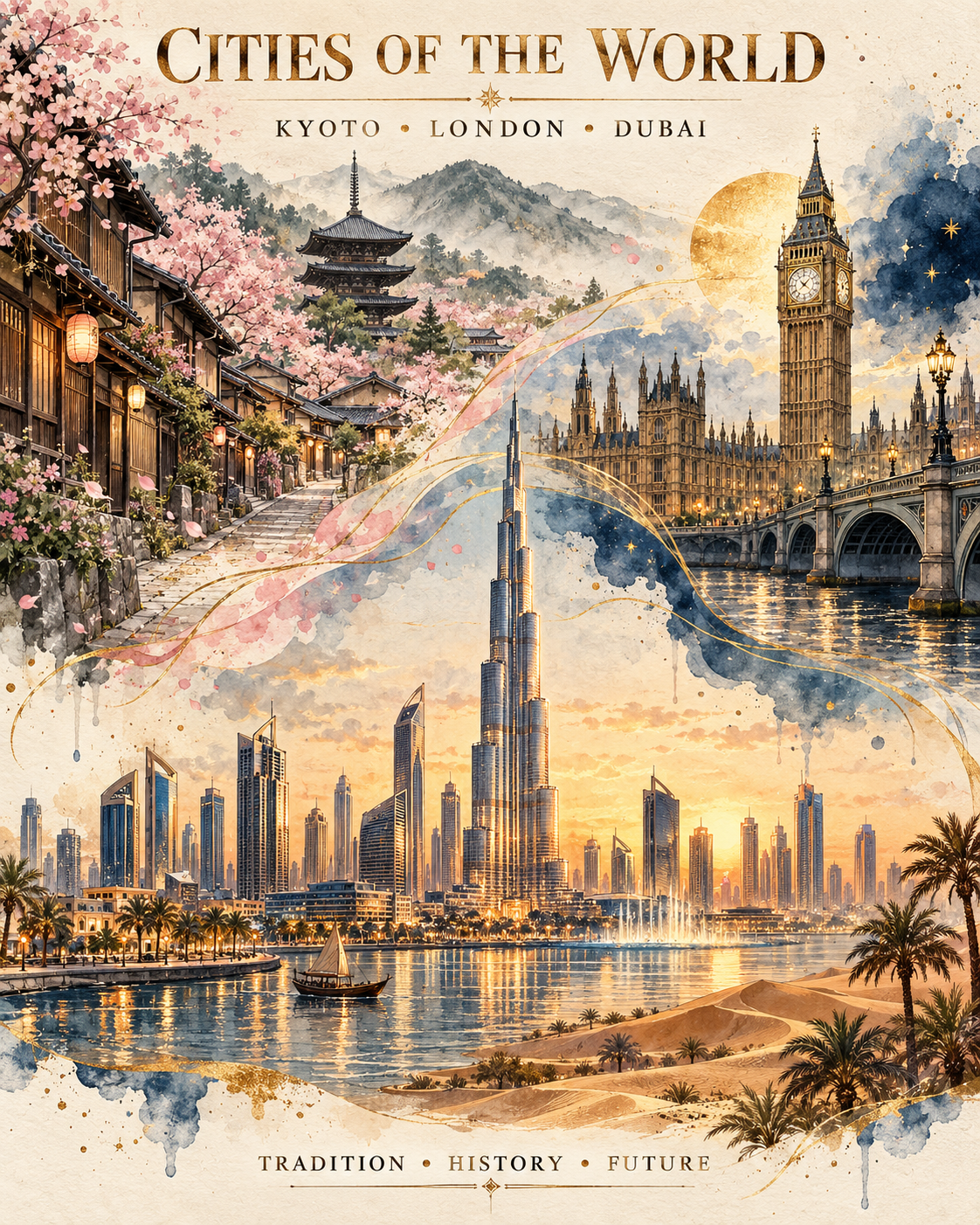 Kyoto, London, Dubai: World City Watercolor Travel Posters