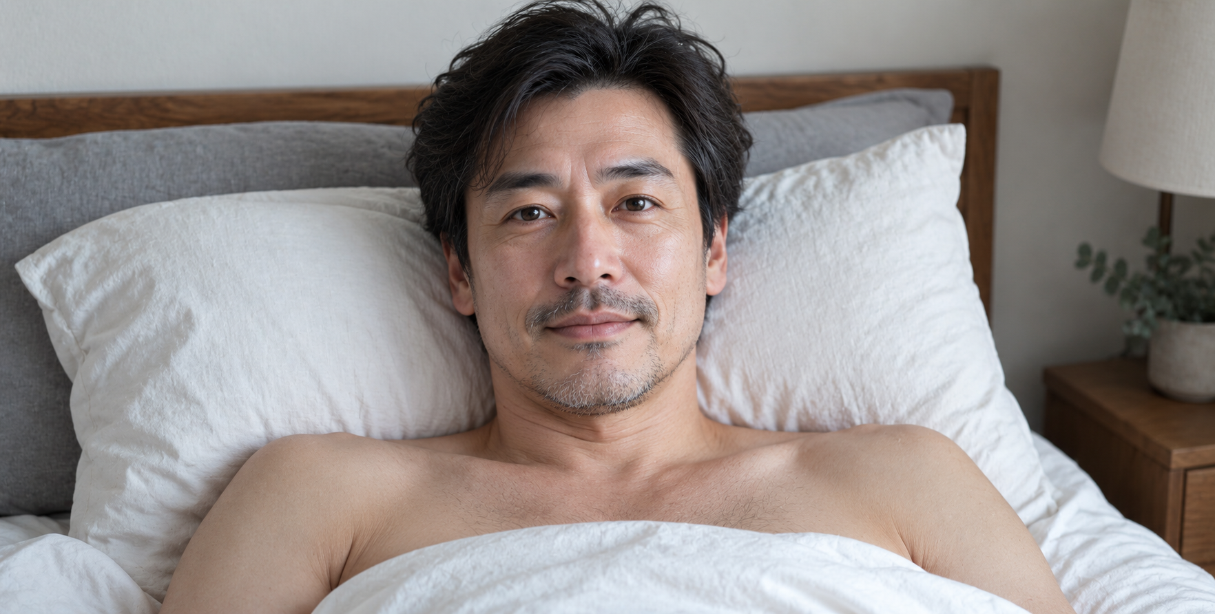 ベッドに横たわる中年男性の正面クローズアップ