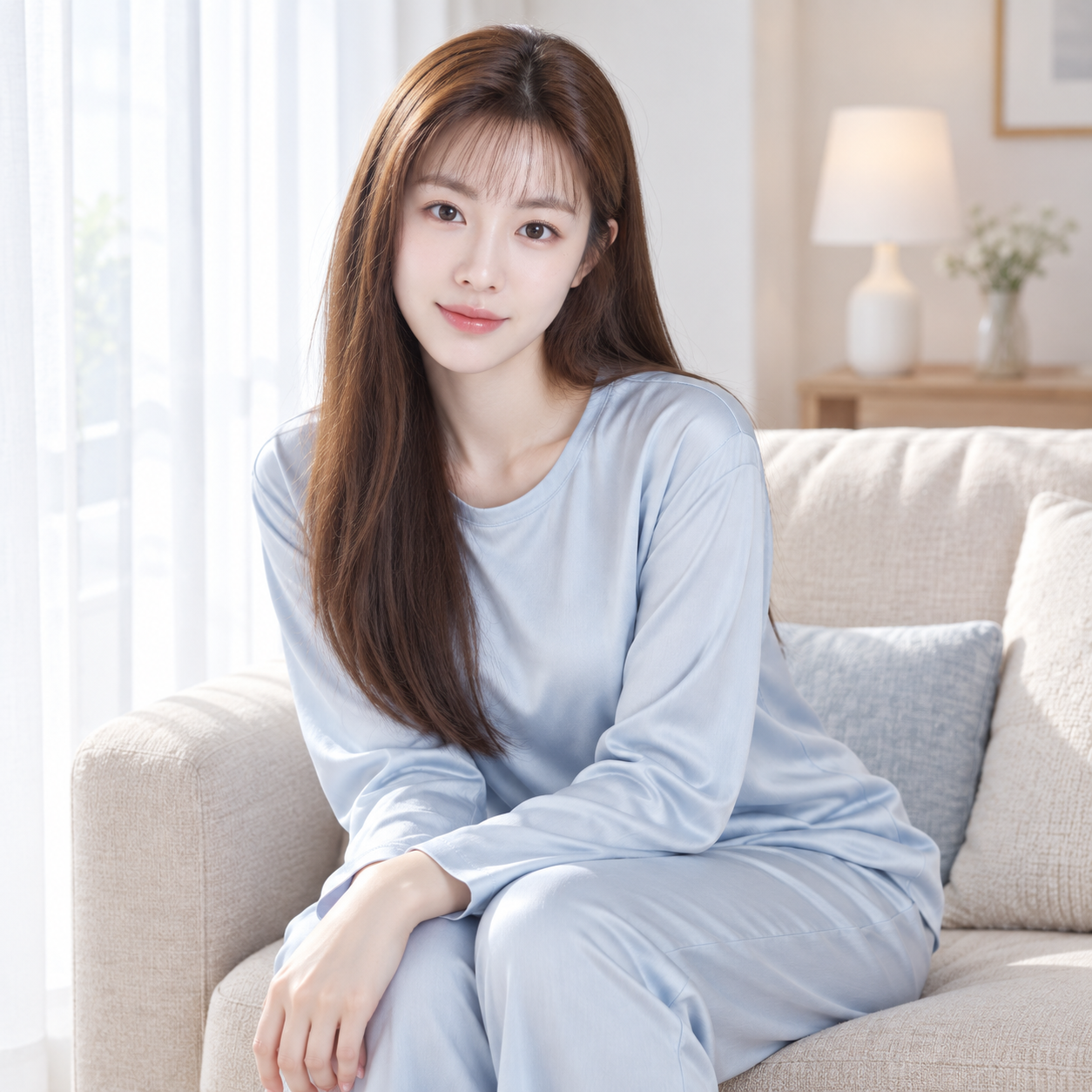 明亮客厅中浅蓝色缎面家居服成年女性肖像