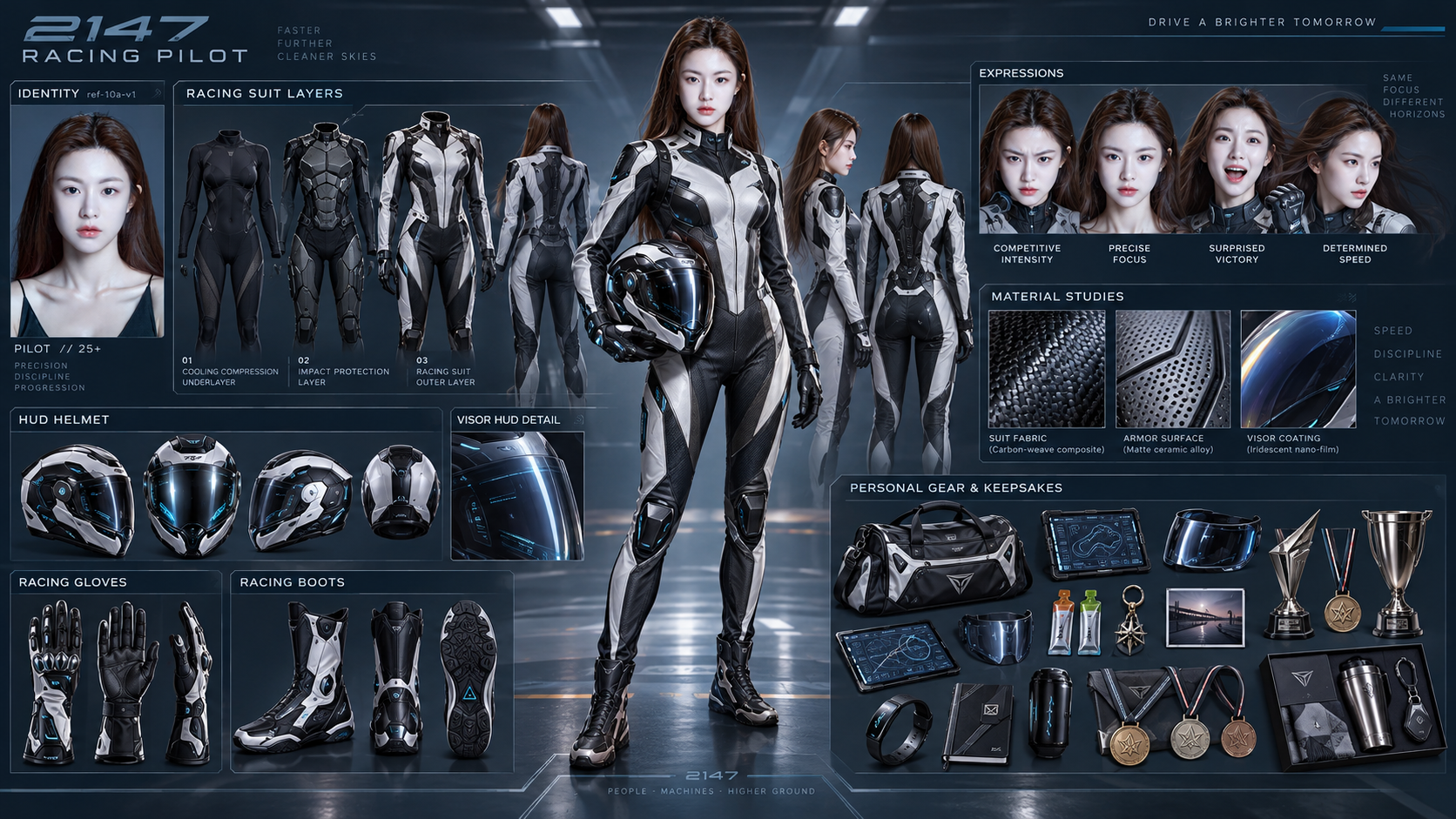 未来女赛车手全景角色设定板 — AI image creation