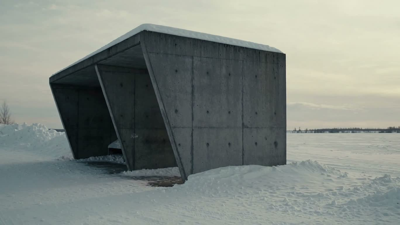Abri bus en béton dans la plaine enneigée