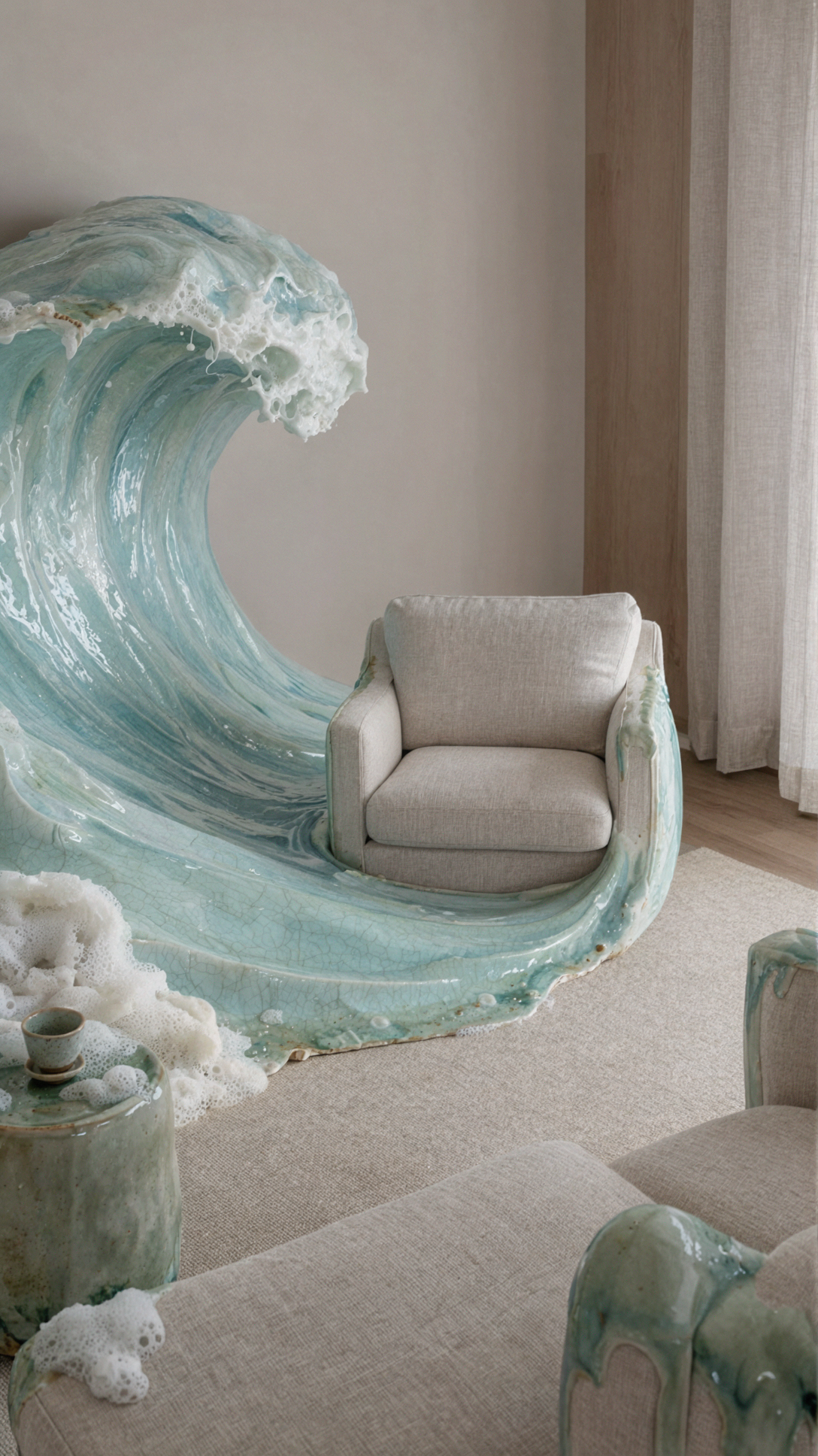 折叠海浪客厅 · 陶瓷釉彩 — AI image creation