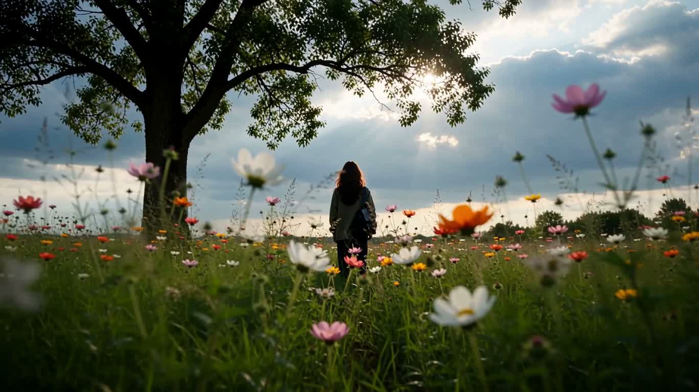 云隙金光下的花海漫步