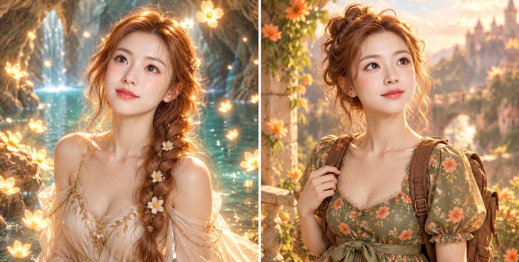 金色梦幻光影中的成年女性奇幻角色双联设定图