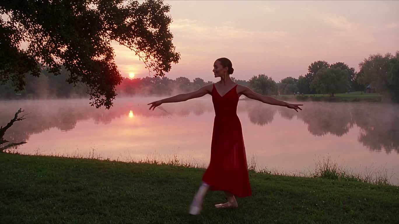 Red-Skirt Ballet on a Misty Riverbank
