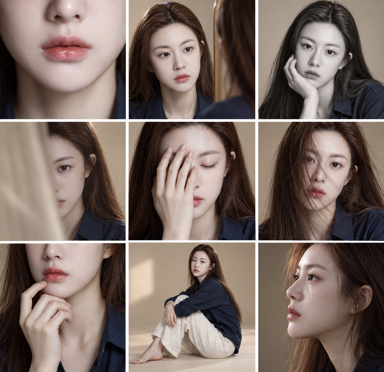 베이지 스튜디오 소프트 라이트 시네마틱 인물 사진 그리드
