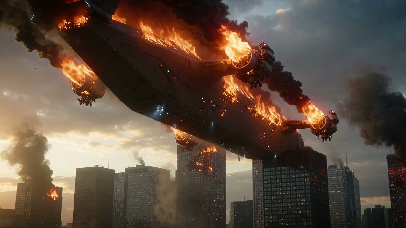 Crash d'un porte-drones dans la ville en flammes