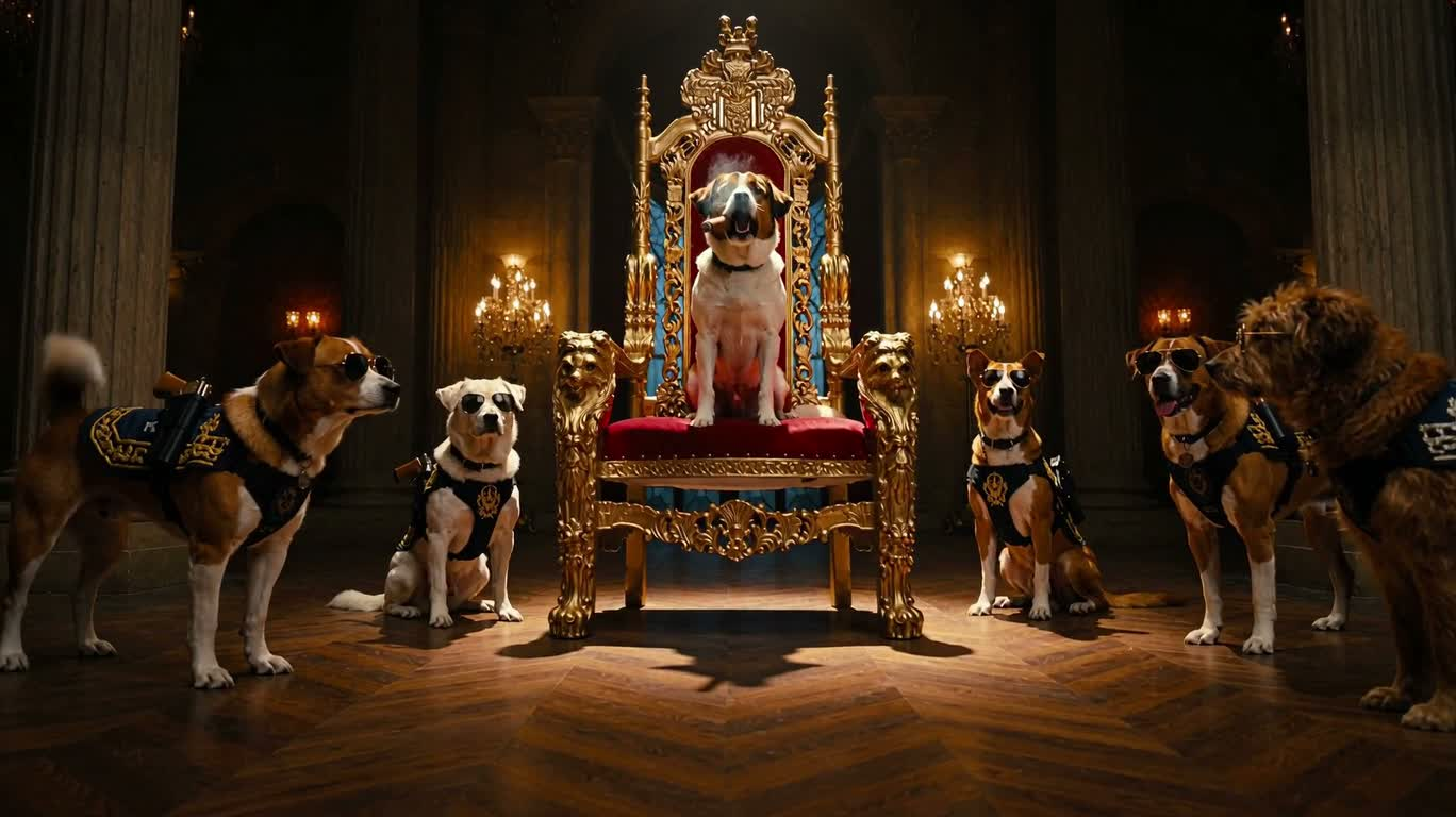 犬王の玉座とサングラスの犬たち — AI video creation