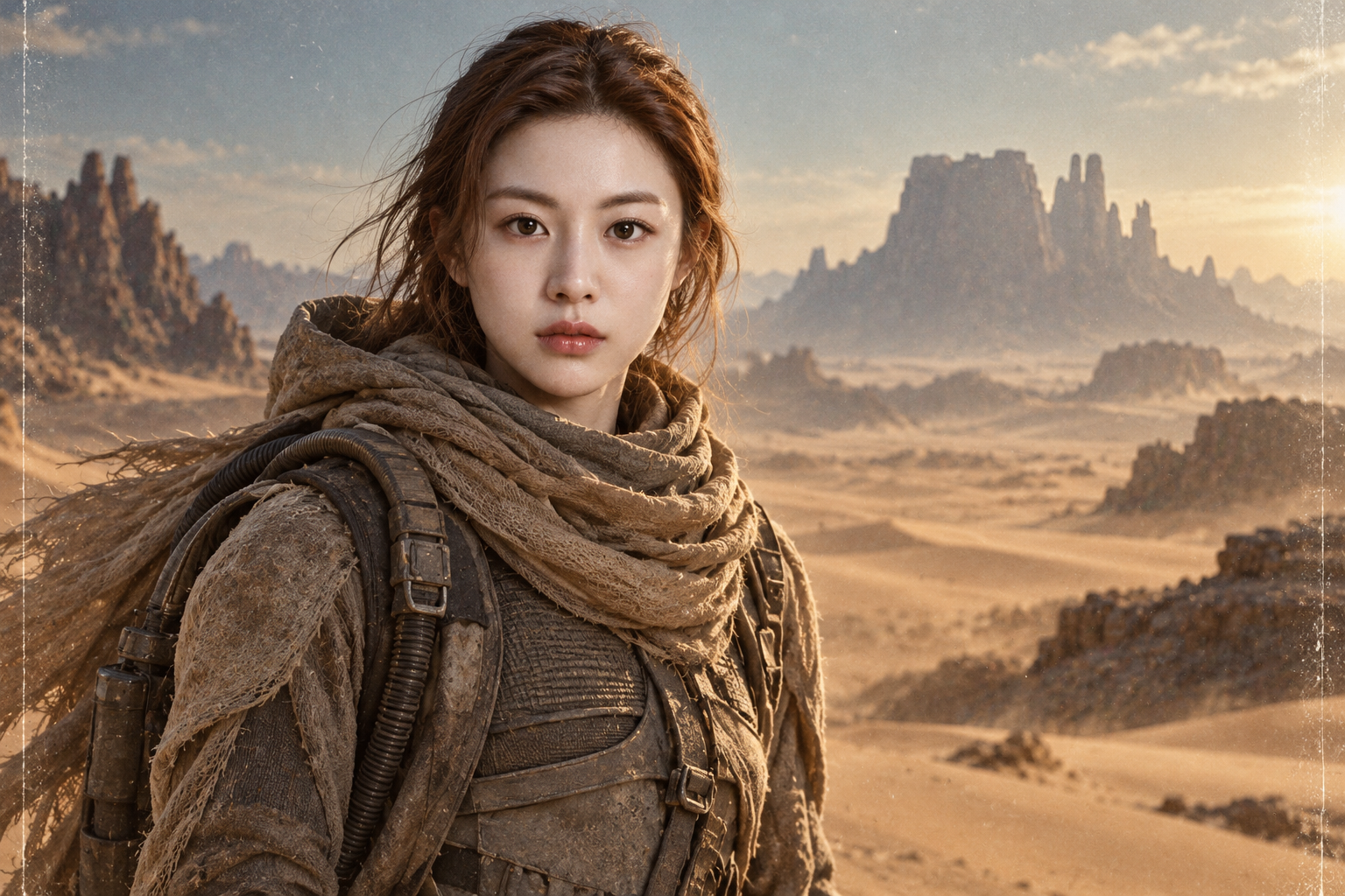 沙丘风格荒漠中的成年女性蒸馏服胶片肖像 — AI image creation