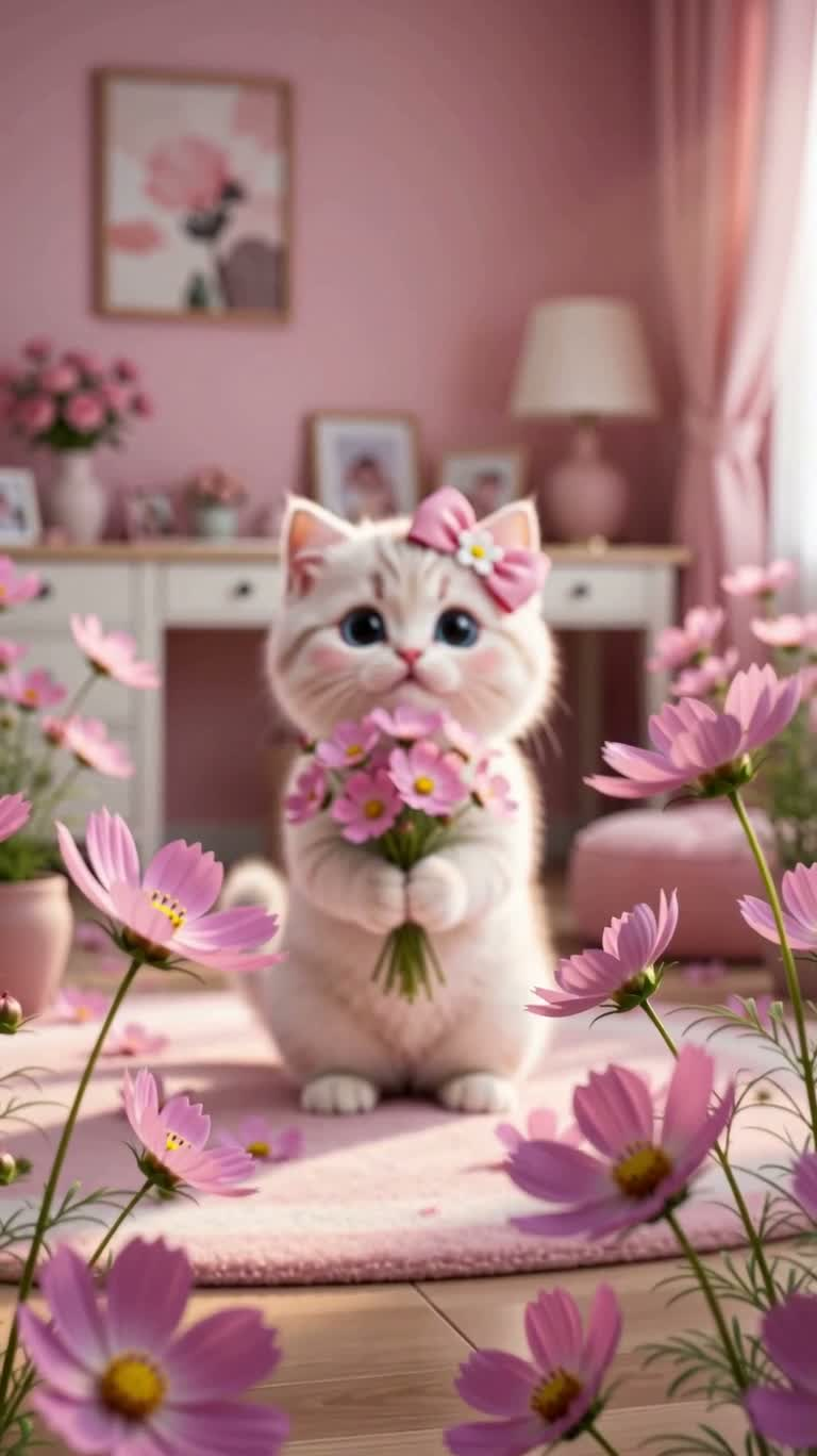 ピンクの花束と子猫の夢幻的なクローズアップ
