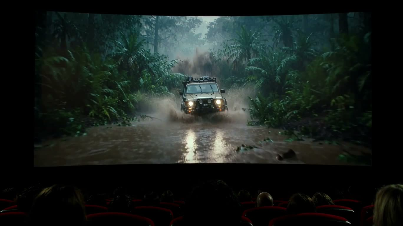 Dinosaur Ambush in the Rain on the Cinema Megascreen