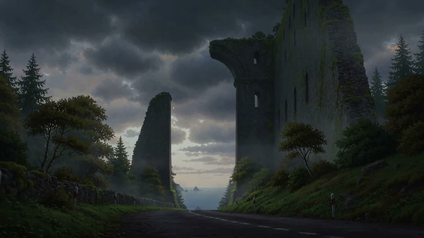 Ruines au-dessus des nuages à l'aube orageuse