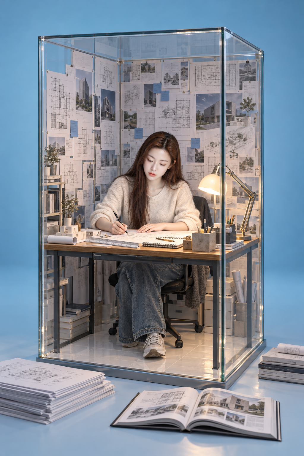 부드러운 푸른 여백 속 유리 작업 상자 미니어처
