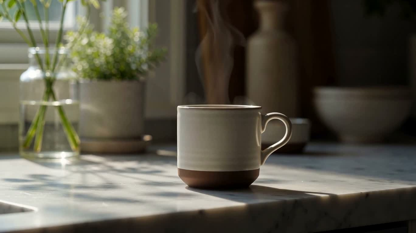 暖光陶瓷咖啡杯展示 — AI video creation