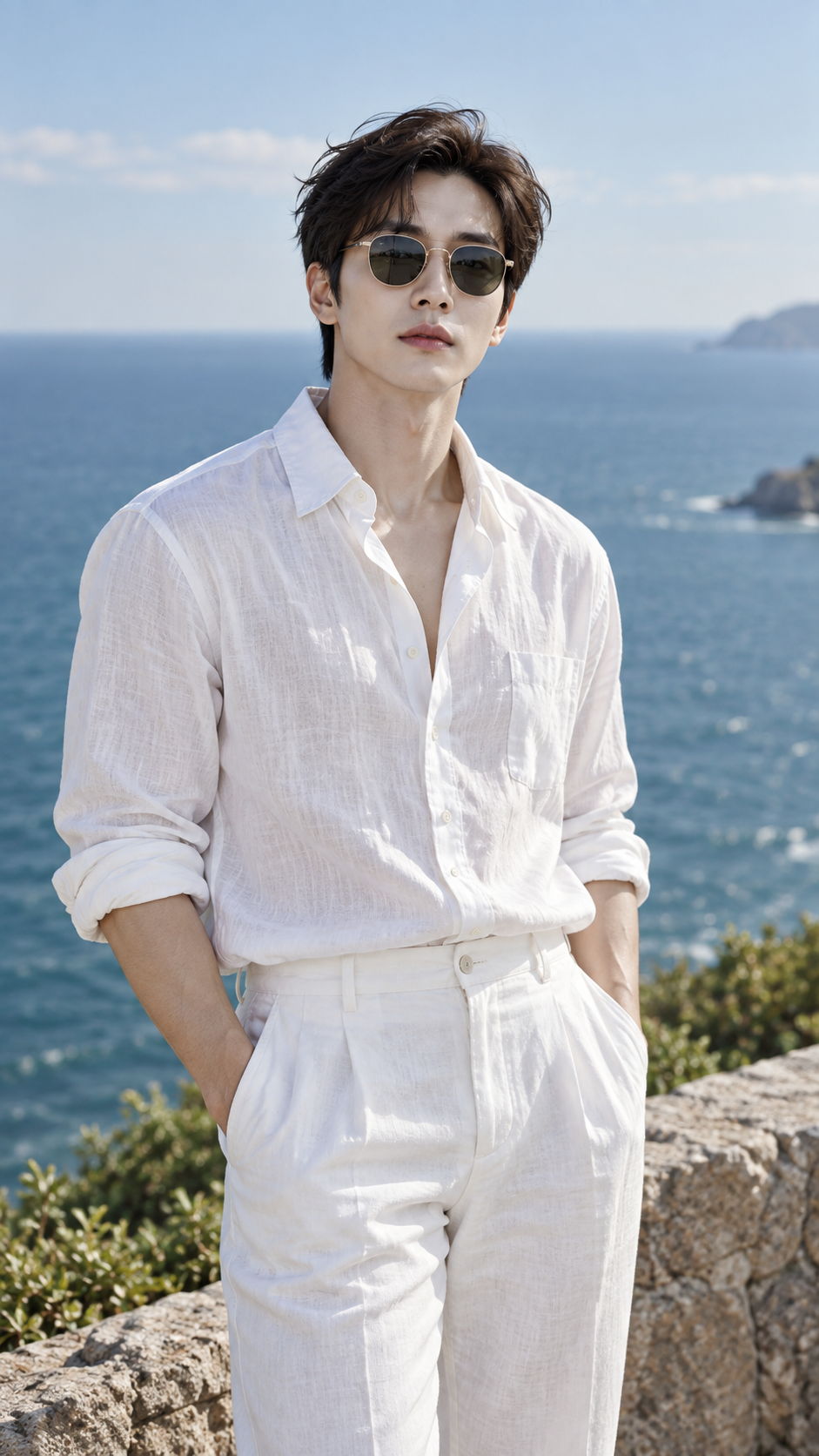 韓国風ミニマルラグジュアリーな海辺の夏の男性ポートレート