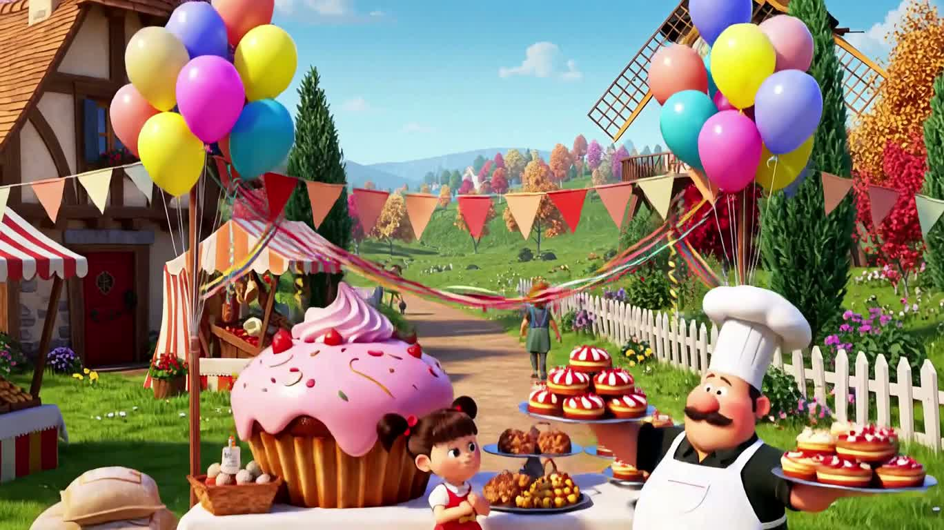 村の祭りと巨大カップケーキ