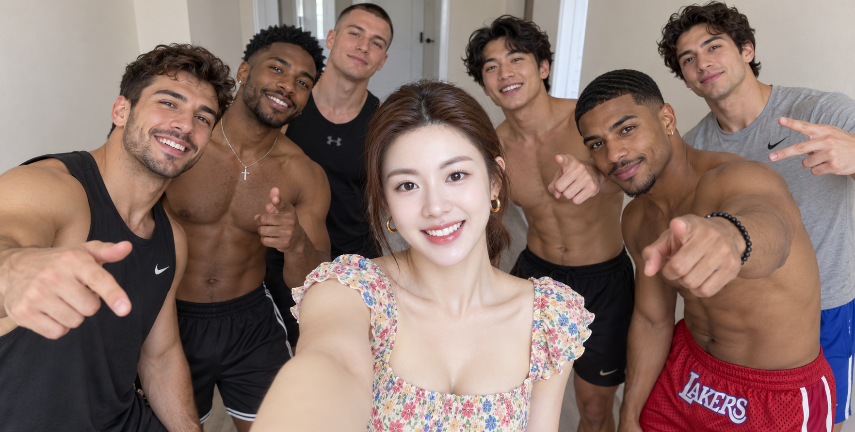 花柄トップスとスポーツ系男子グループの楽しい自撮り