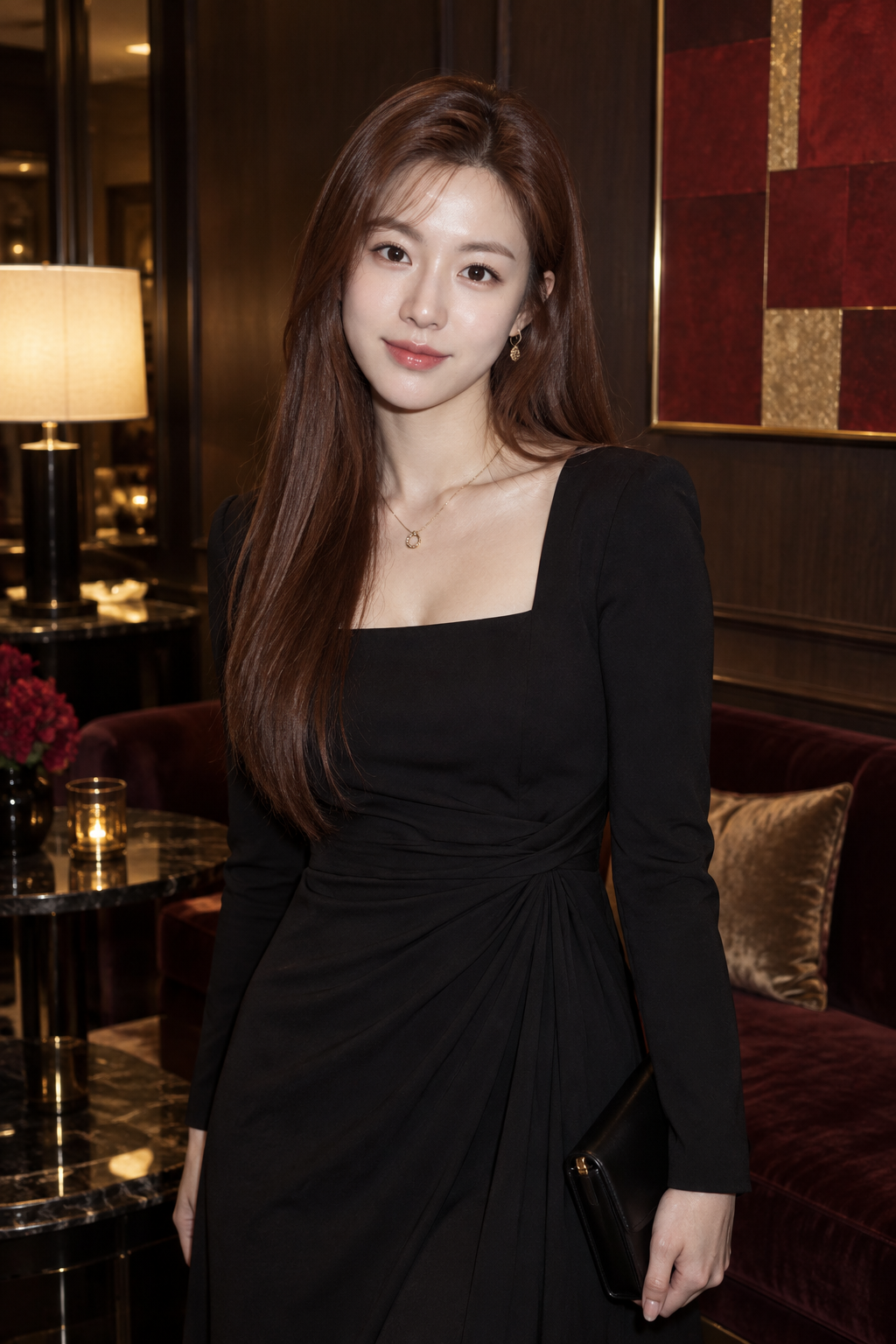 暖调木饰休息厅中的红发礼服人像