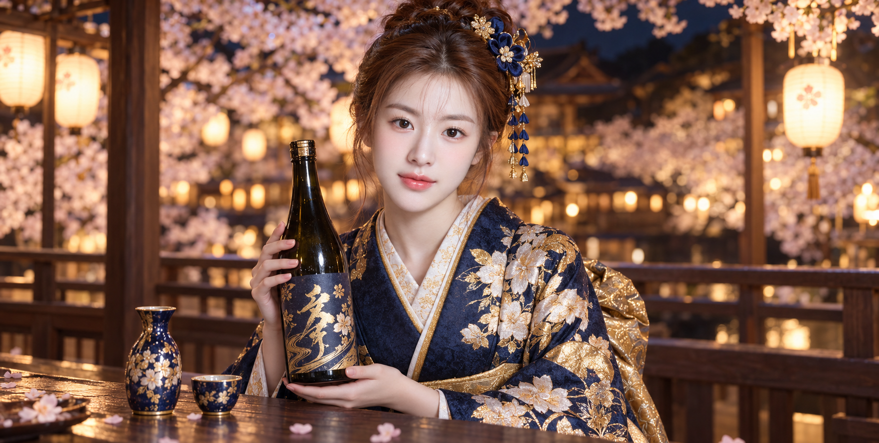 교토 밤 벚꽃 축제에서 사케를 든 기모노 여성