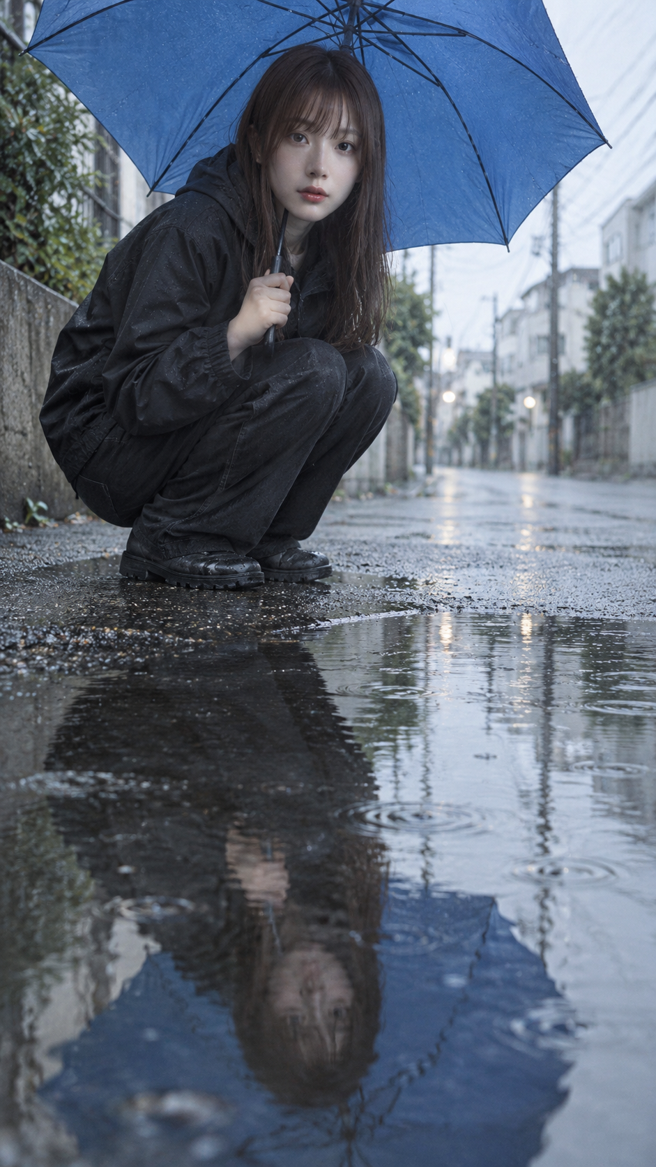 蓝伞雨洼倒影中的成年女性复古数码抓拍