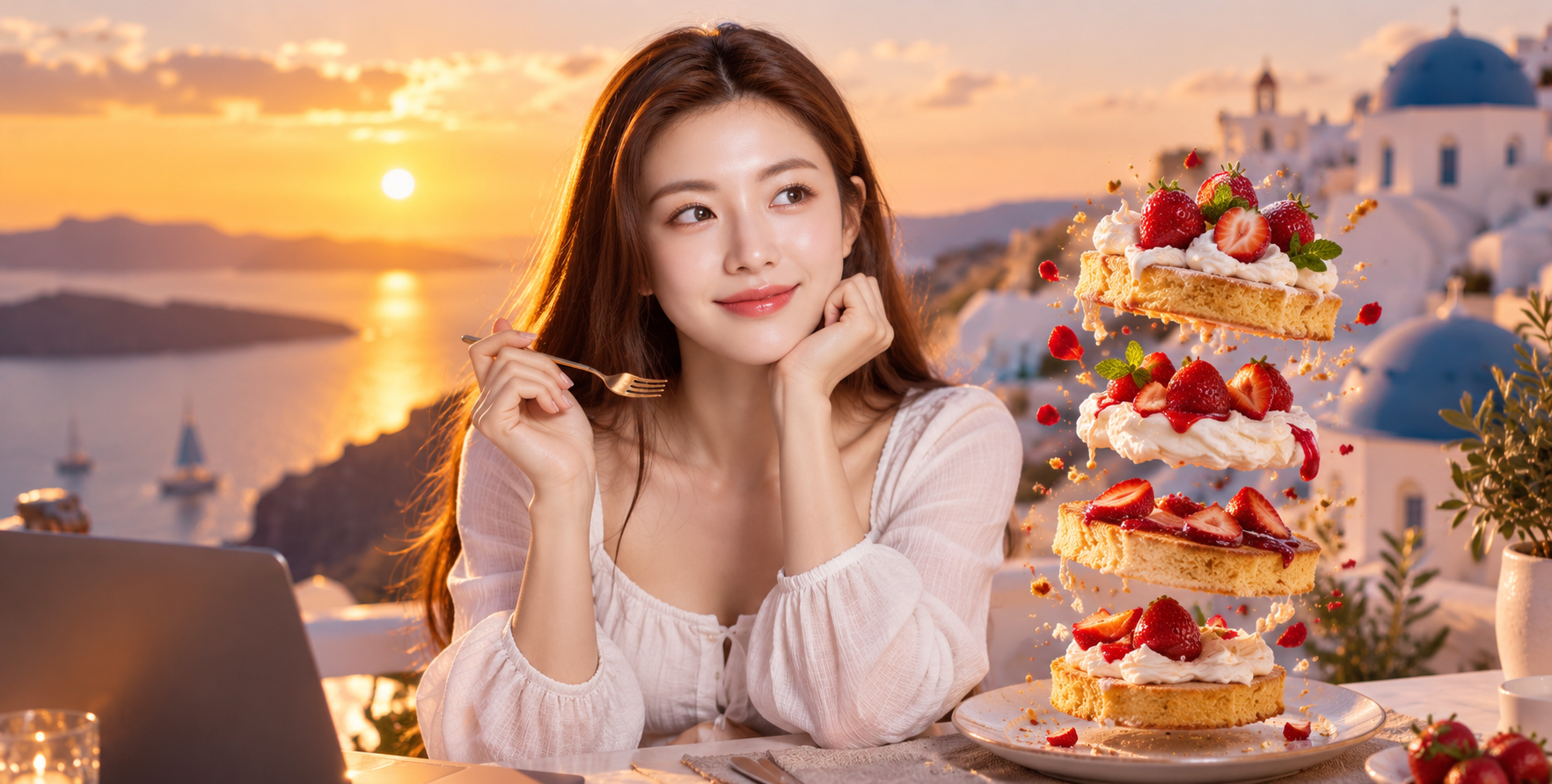 サントリーニの夕日と浮かぶいちごケーキ