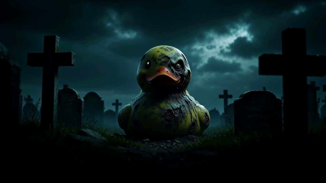 Canard en caoutchouc zombie dans un cimetière bleu-vert