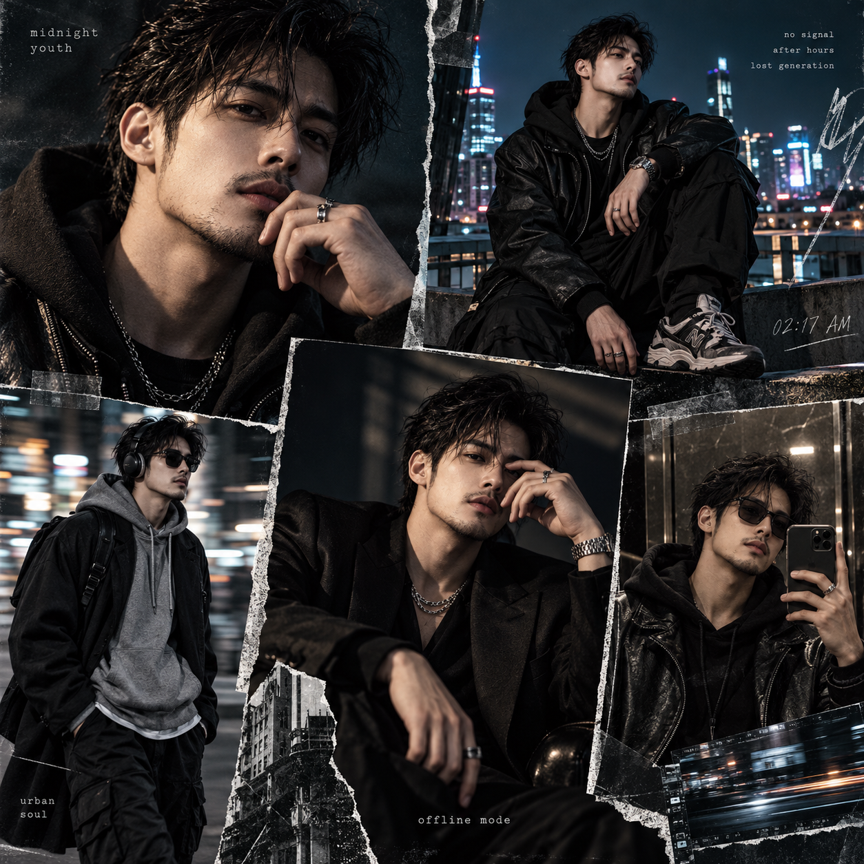 真夜中のラグジュアリーストリート男性モデルファッションコラージュポスター