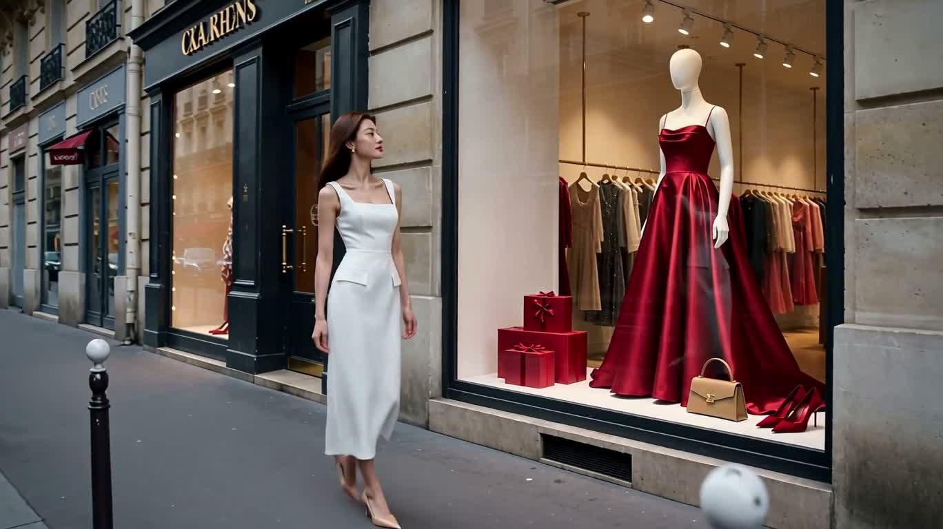 Une rencontre en robe rouge dans une vitrine parisienne