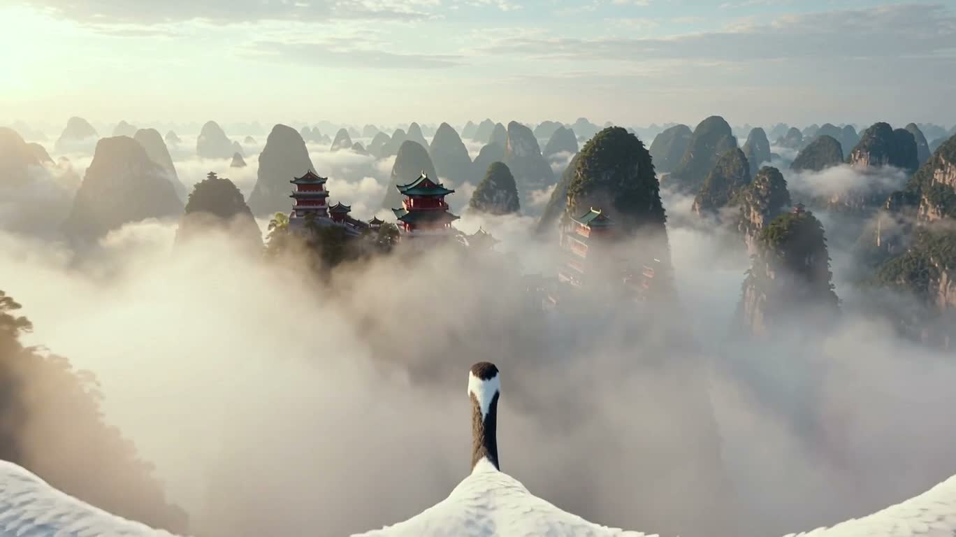 云海仙山中的白鹤飞行