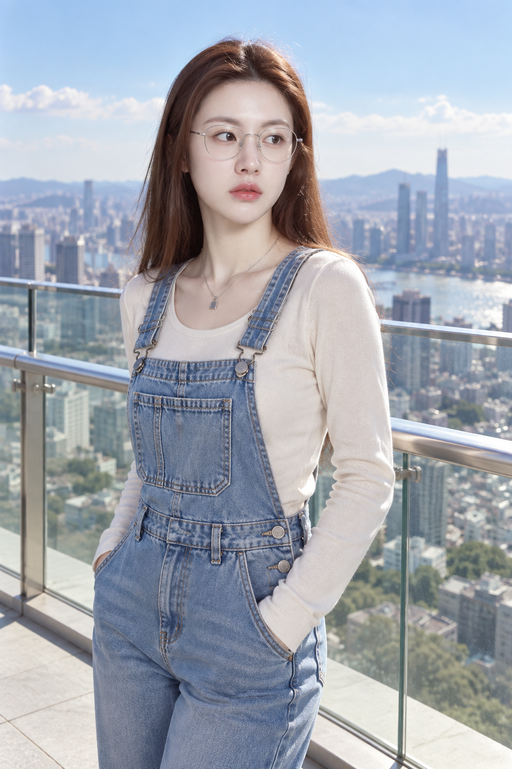 安全观景露台牛仔背带裤城市人像