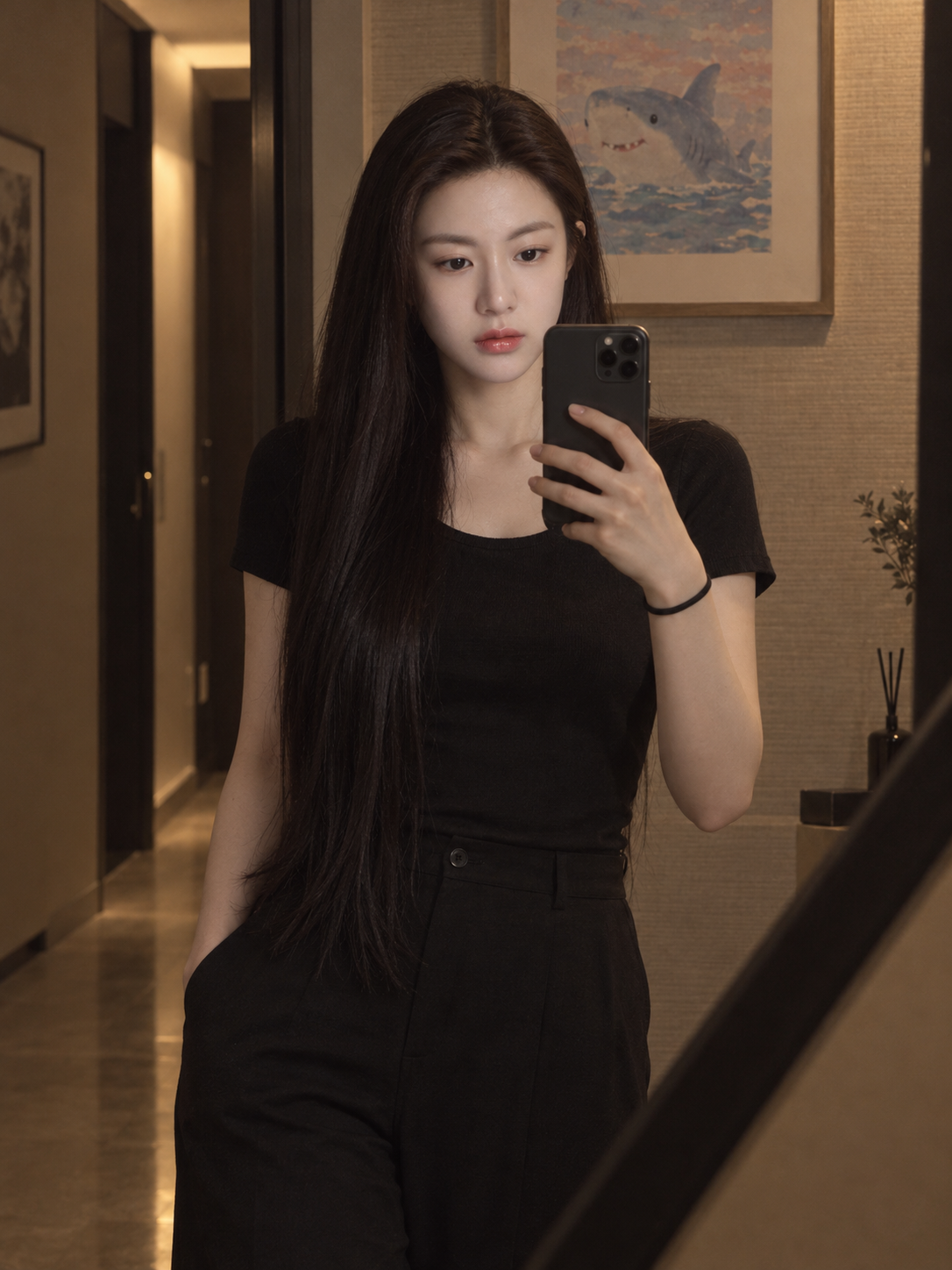 Ảnh selfie gương của người phụ nữ trưởng thành trước bức tranh cá mập trong hành lang màu be ấm