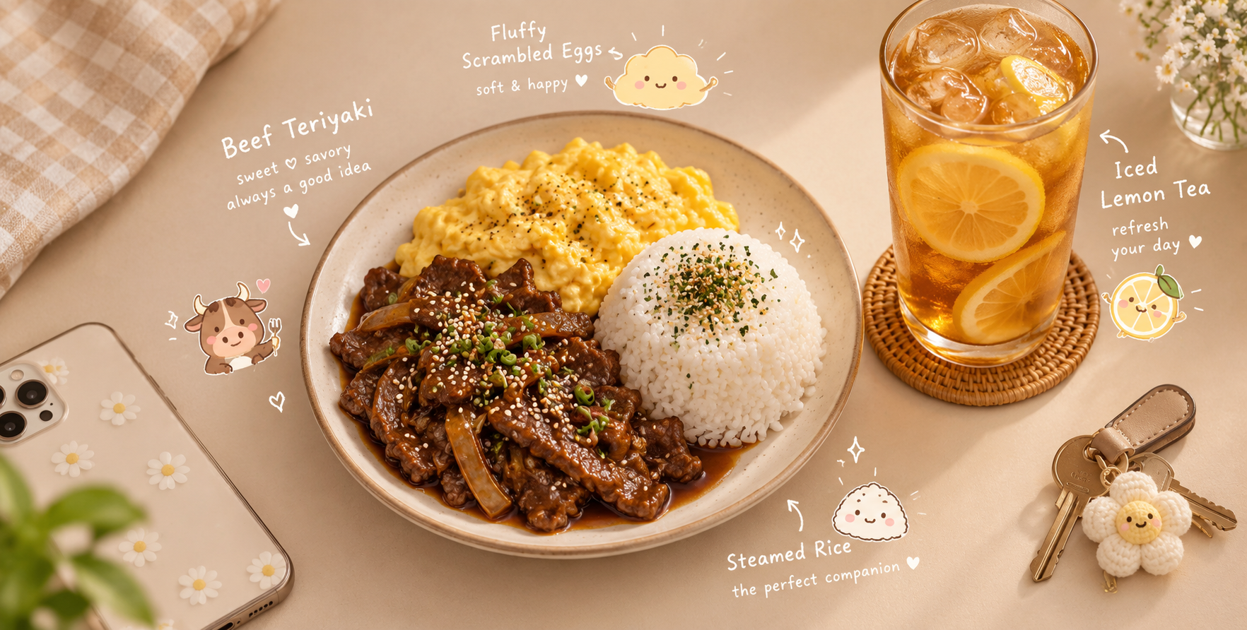 俯视温馨照烧牛肉舒适餐点摄影