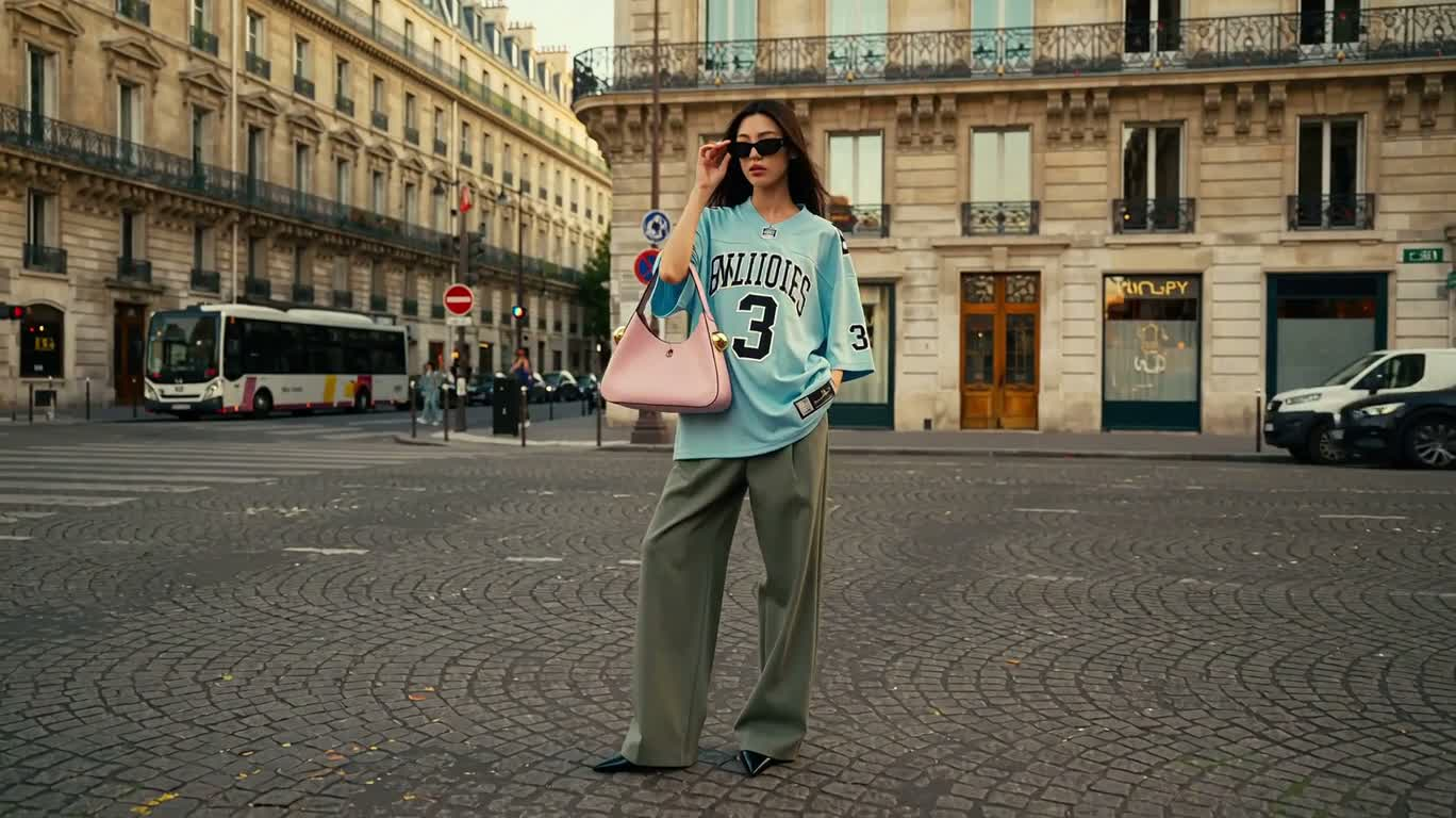 パリの街角ピンクバッグファッション