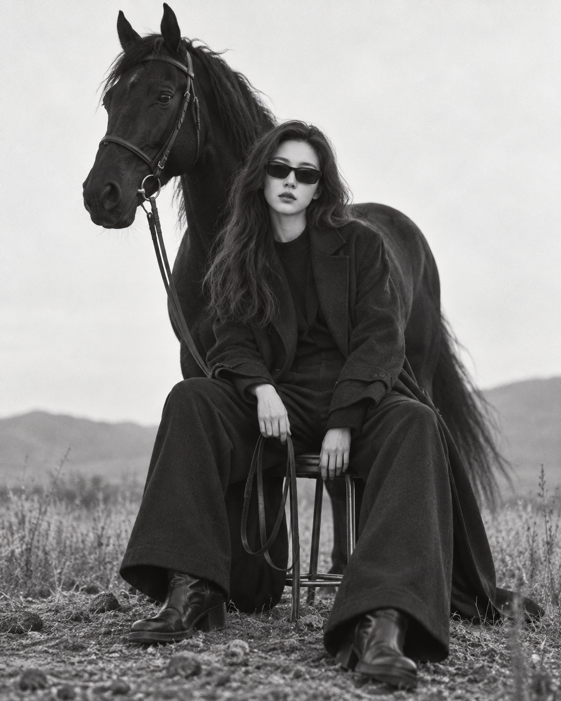 白黒の光と影に映えるクールな女性と黒馬のファッション大作