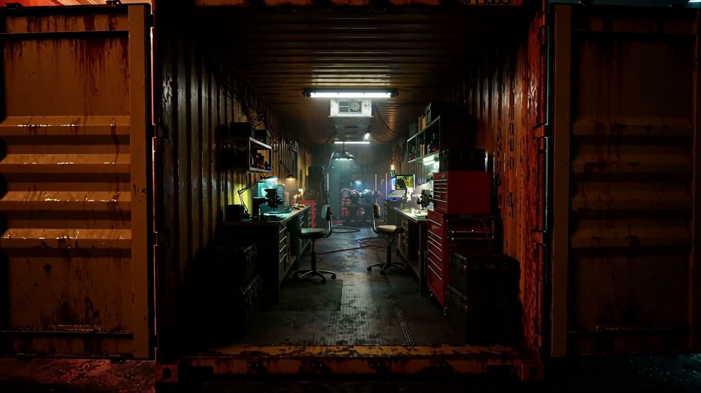 Tiệm sửa chữa sci-fi trong container neon