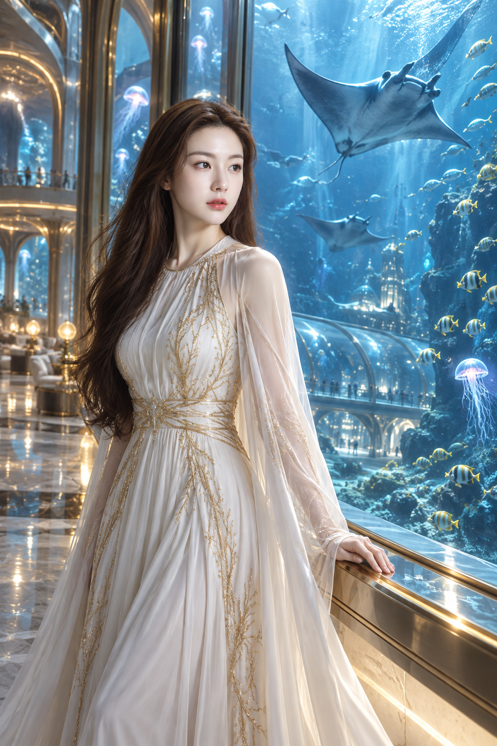 白金礼服与海洋生物环绕的未来水下城市 — AI image creation