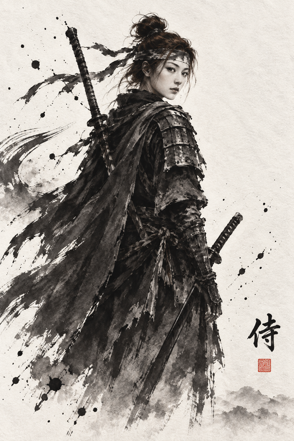 传统日式水墨浪人武士背影