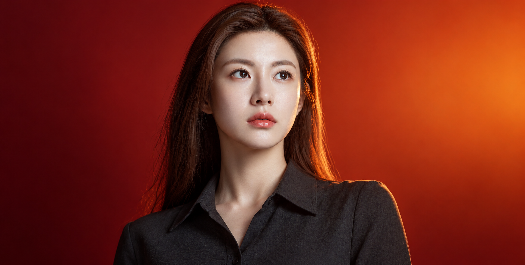 주황빛 붉은 그라데이션 조명 속 드라마틱한 로우앵글 초상