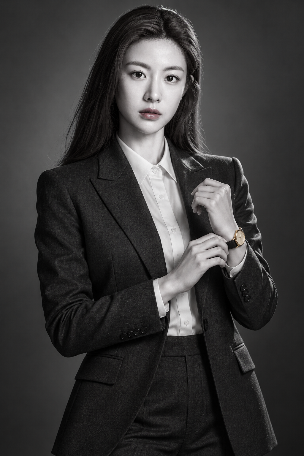 흑백 비즈니스 인물 사진 속 손목시계 색상 포커스
